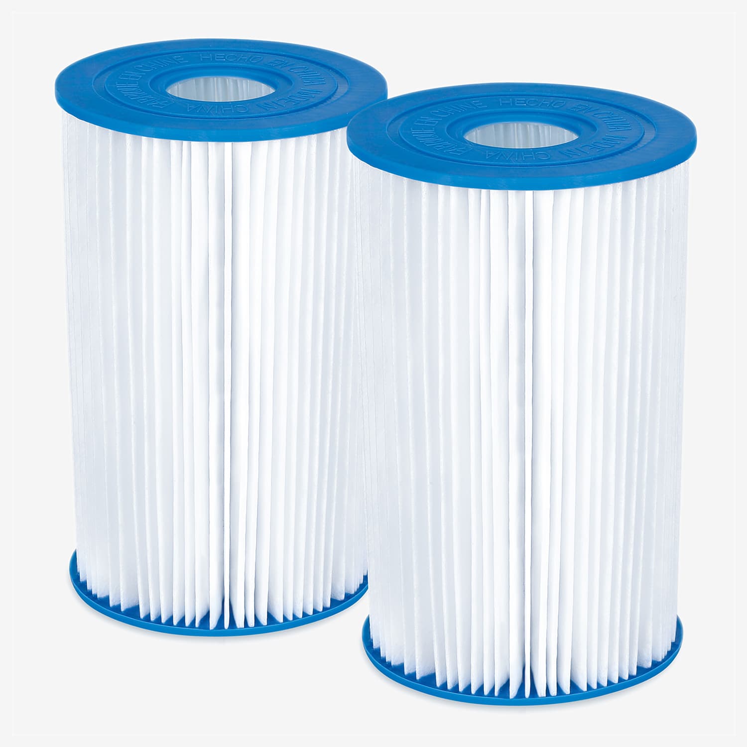 Two type a-c filter cartridges with blue ends on a white background
